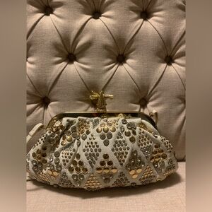 Unique Design White Genuine Leather Gold Studded and Crystal Clutch bag